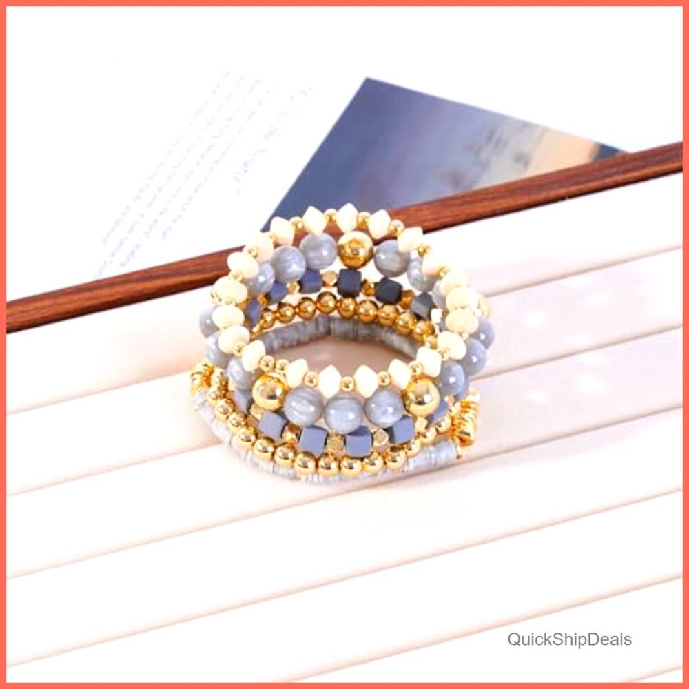 Stretch Beaded Bracelets Set Stackable Crystal Go… - image 2